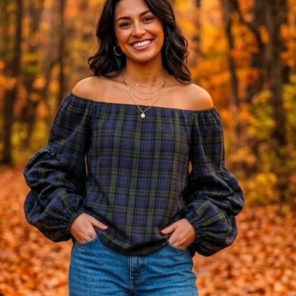 Anthropologie Greysn Plaid Off Shoulder Bellsleeve Top Dark Academia Fall Size S